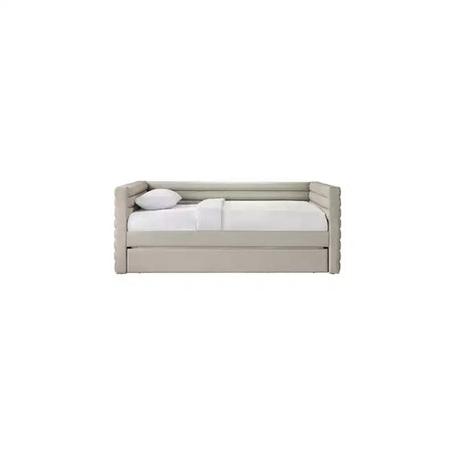 Daybed Gemello in Ecopelle Vegana Beige con Letto Estraibile, 2 Posti Letto