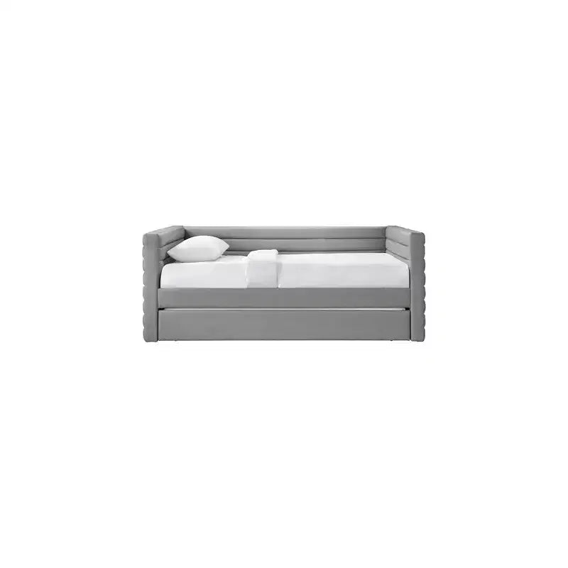 Daybed Gemello in Ecopelle Vegana Beige con Letto Estraibile, 2 Posti Letto