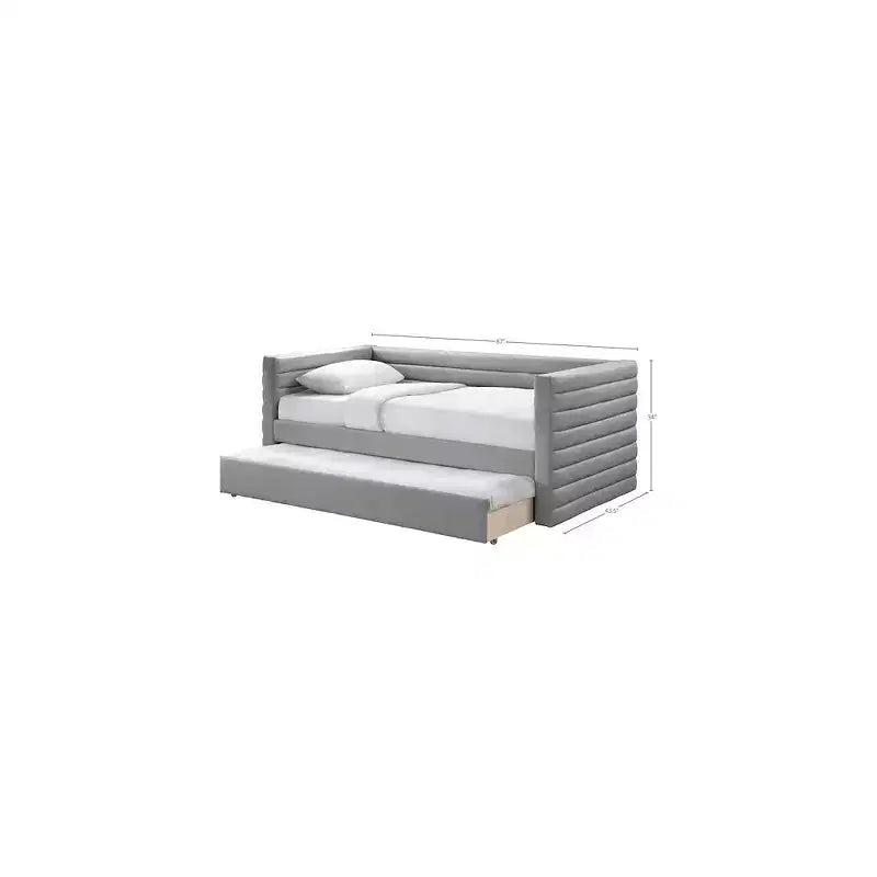 Daybed Gemello in Ecopelle Vegana Beige con Letto Estraibile, 2 Posti Letto