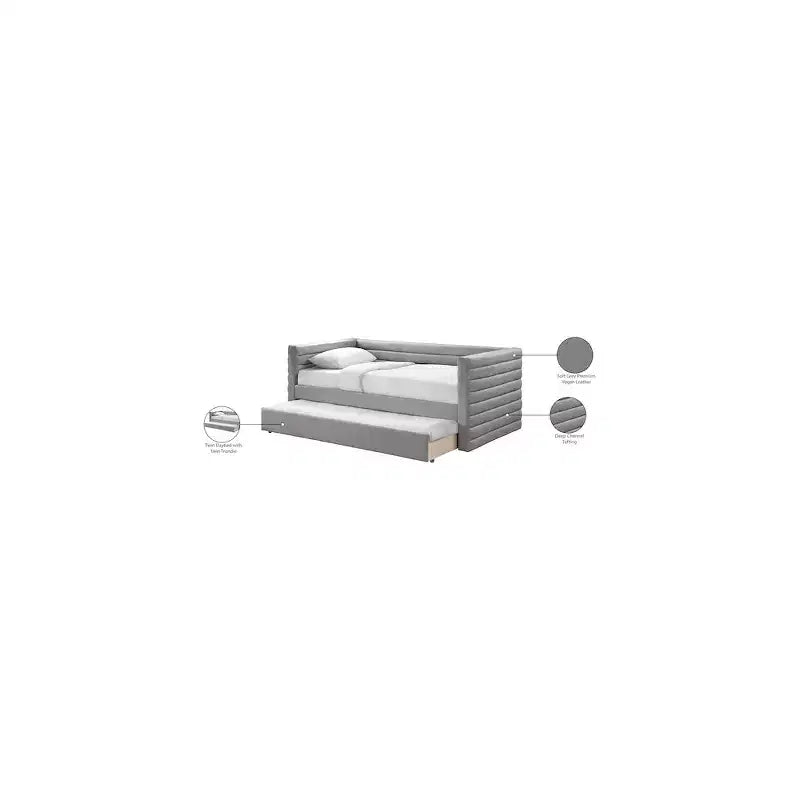 Daybed Gemello in Ecopelle Vegana Beige con Letto Estraibile, 2 Posti Letto