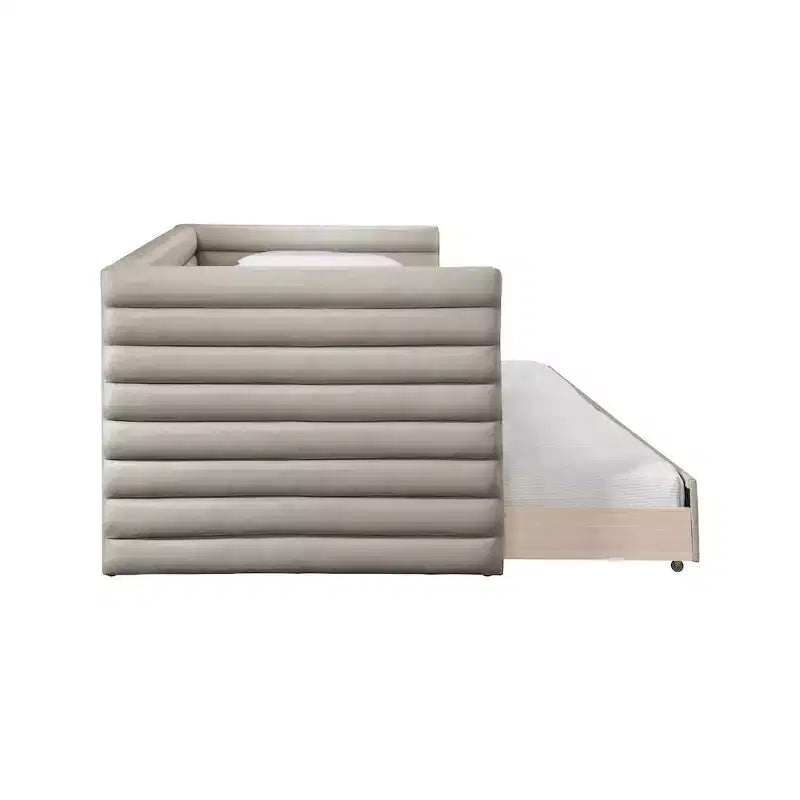 Daybed Gemello in Ecopelle Vegana Beige con Letto Estraibile, 2 Posti Letto
