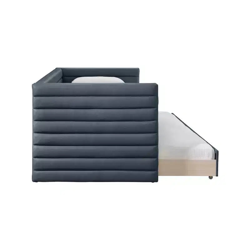 Daybed Gemello in Ecopelle Vegana Beige con Letto Estraibile, 2 Posti Letto