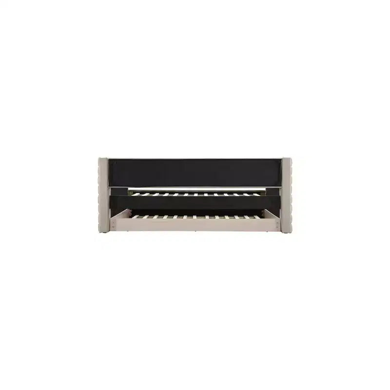 Daybed Gemello in Ecopelle Vegana Beige con Letto Estraibile, 2 Posti Letto