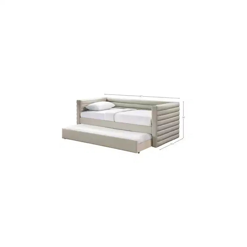 Daybed Gemello in Ecopelle Vegana Beige con Letto Estraibile, 2 Posti Letto