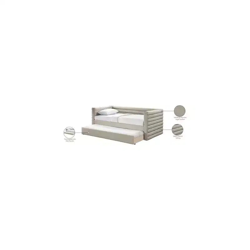 Daybed Gemello in Ecopelle Vegana Beige con Letto Estraibile, 2 Posti Letto