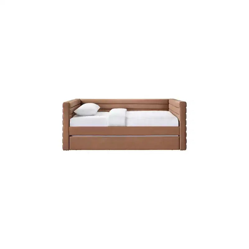 Daybed Gemello in Ecopelle Vegana Beige con Letto Estraibile, 2 Posti Letto