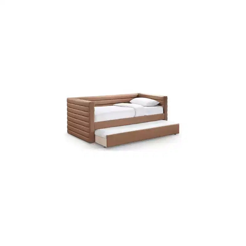 Daybed Gemello in Ecopelle Vegana Beige con Letto Estraibile, 2 Posti Letto