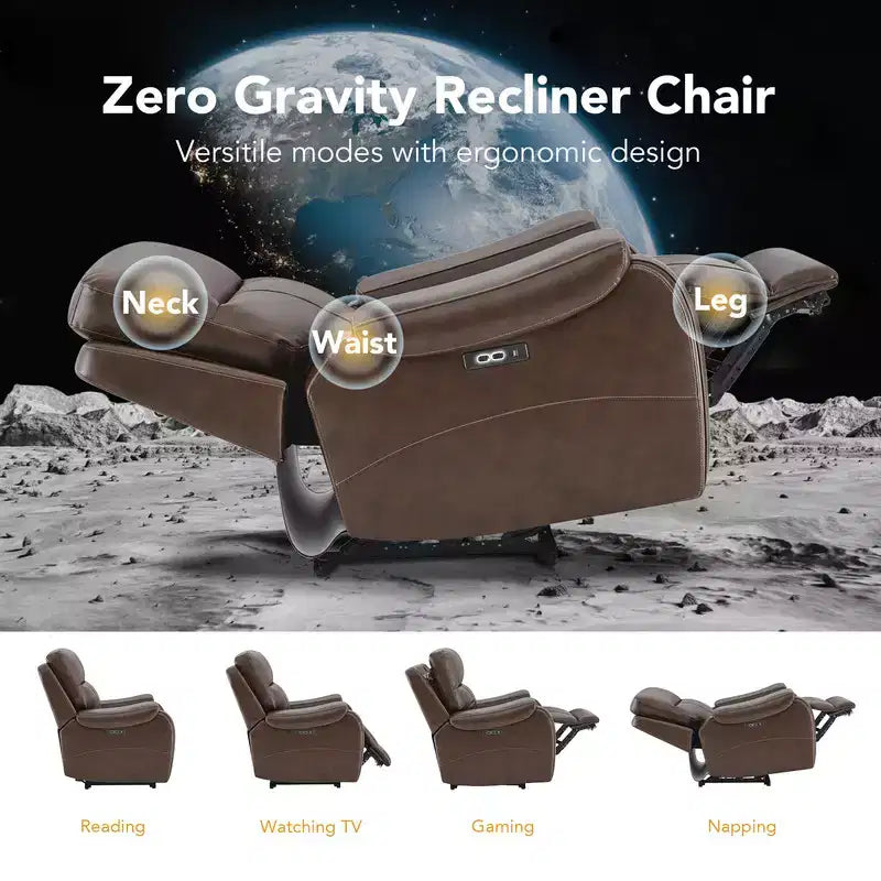 Poltrona reclinabile elettrica a gravità zero in pelle, seduta singola (marrone / grigio / cuoio)