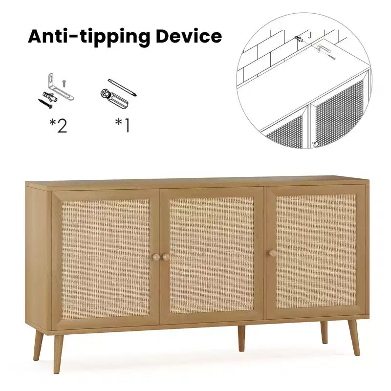 Credenza Buffet Nera / Naturale / Noce, Stile Anta in Rattan