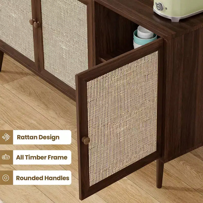 Credenza Buffet Nera / Naturale / Noce, Stile Anta in Rattan
