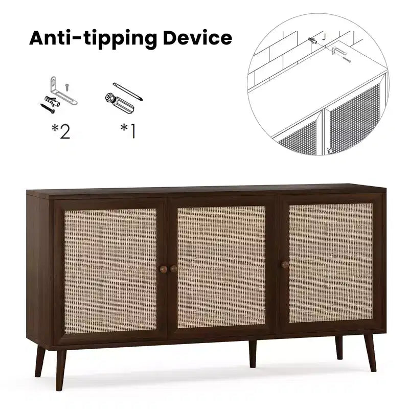 Credenza Buffet Nera / Naturale / Noce, Stile Anta in Rattan