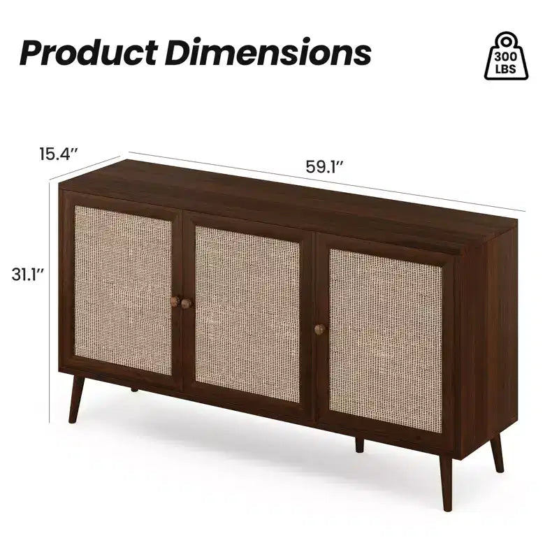 Credenza Buffet Nera / Naturale / Noce, Stile Anta in Rattan