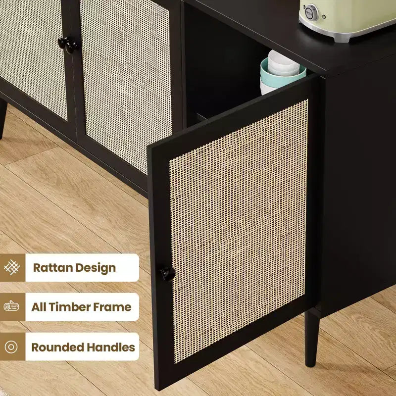 Credenza Buffet Nera / Naturale / Noce, Stile Anta in Rattan