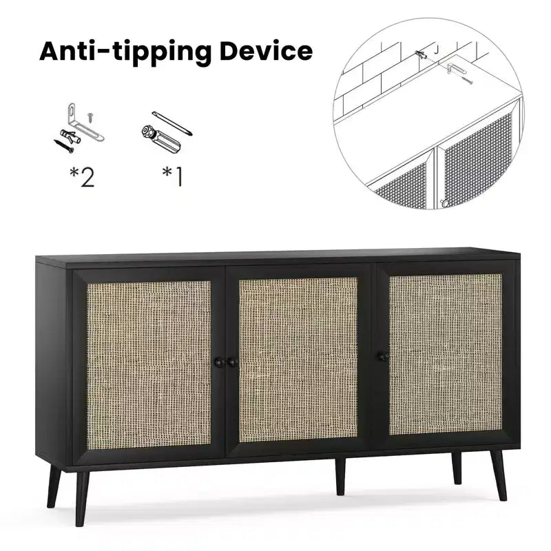 Credenza Buffet Nera / Naturale / Noce, Stile Anta in Rattan