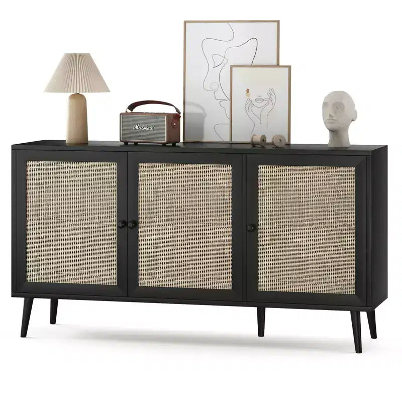 Credenza Buffet Nera / Naturale / Noce, Stile Anta in Rattan