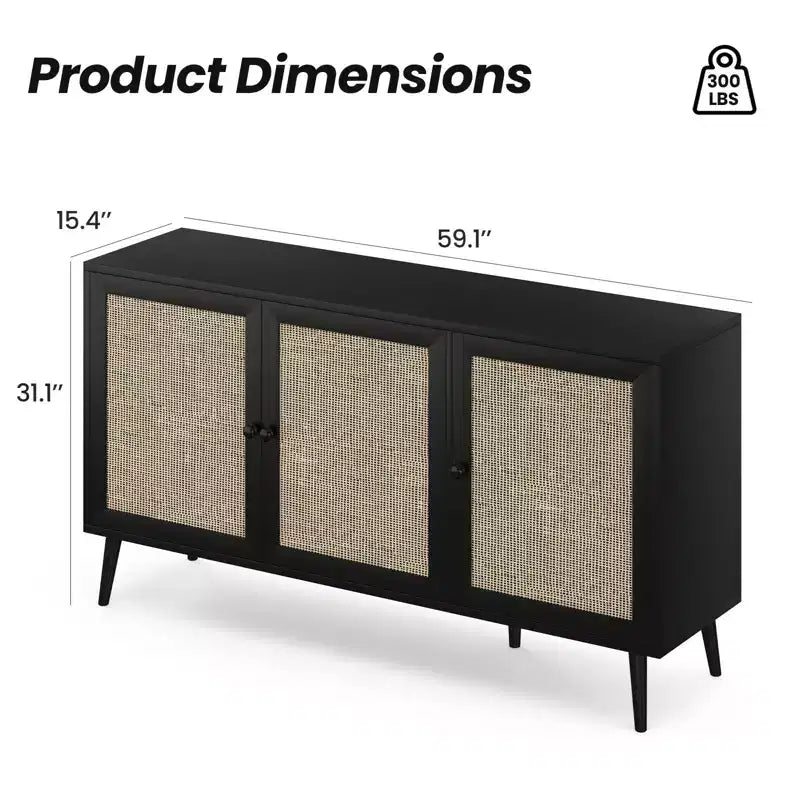 Credenza Buffet Nera / Naturale / Noce, Stile Anta in Rattan