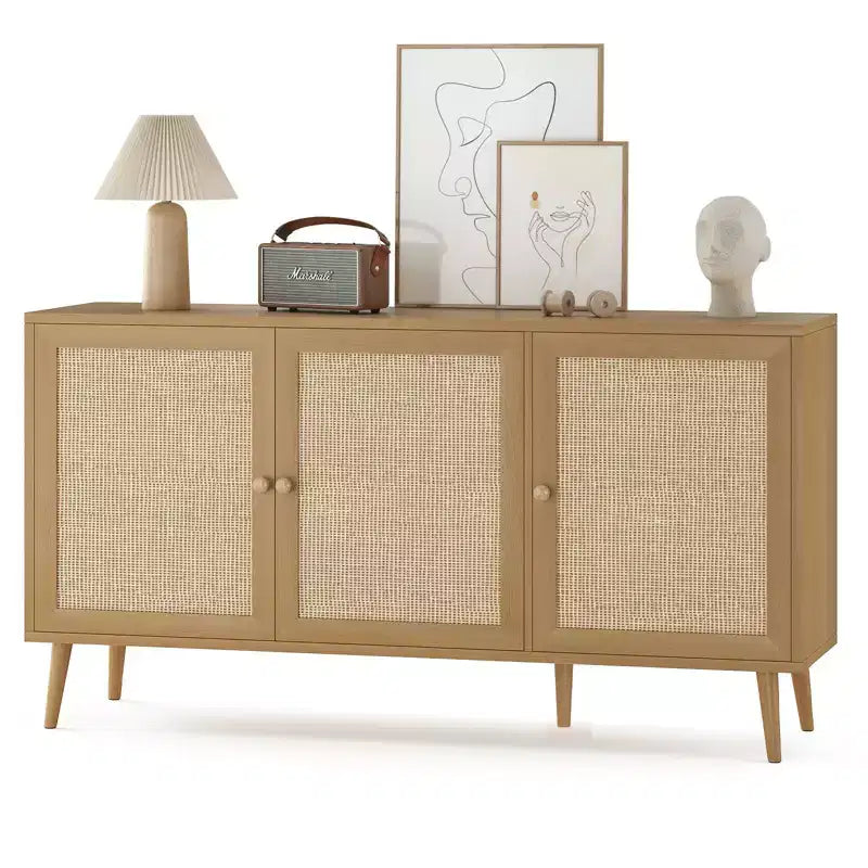 Credenza Buffet Nera / Naturale / Noce, Stile Anta in Rattan
