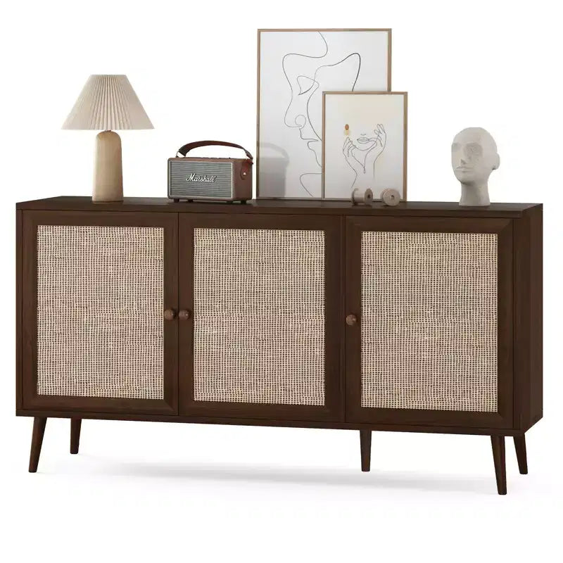 Credenza Buffet Nera / Naturale / Noce, Stile Anta in Rattan