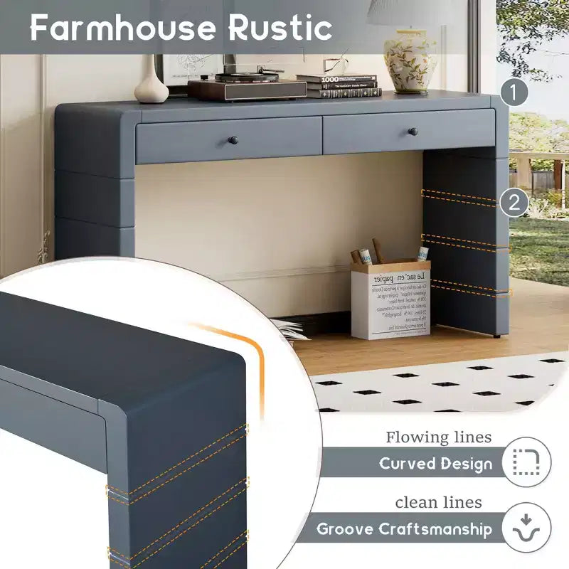 Tavolo Consolle da Fattoria da 55" con 2 Cassetti – Nero / Blu / Naturale