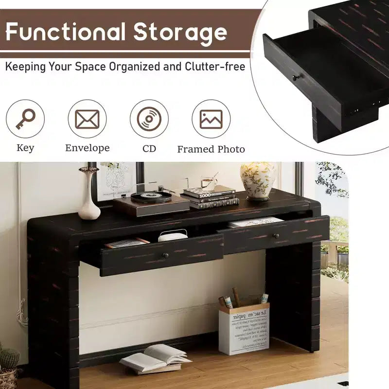 Tavolo Consolle da Fattoria da 55" con 2 Cassetti – Nero / Blu / Naturale
