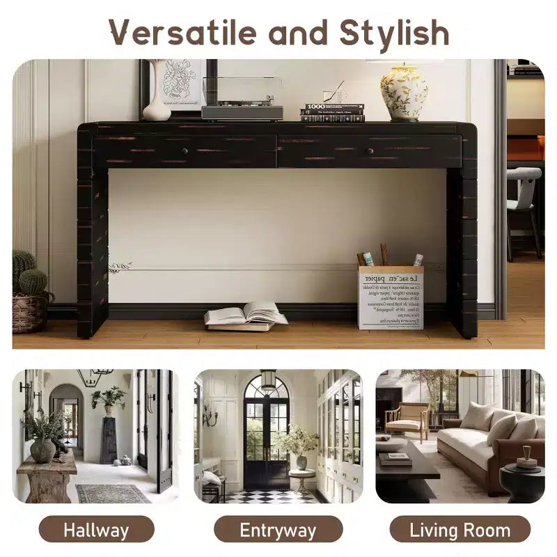 Tavolo Consolle da Fattoria da 55" con 2 Cassetti – Nero / Blu / Naturale