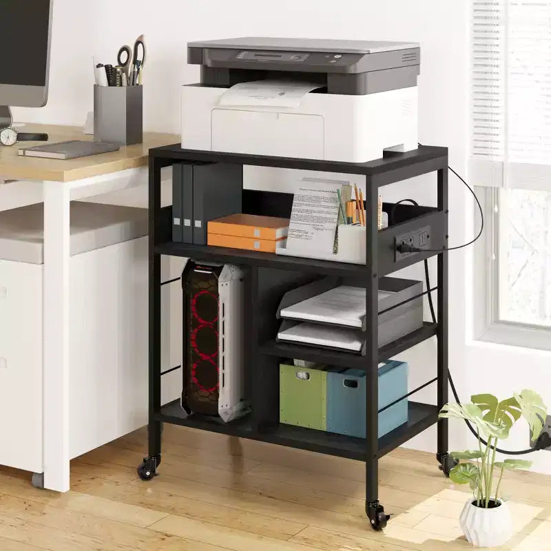 3-Tier Rolling Printer Stand with Storage & Charging Station, Mobile Printer Cart with 4 Outlets & 2 USB Ports, Multi-Level Organizer for Home Office