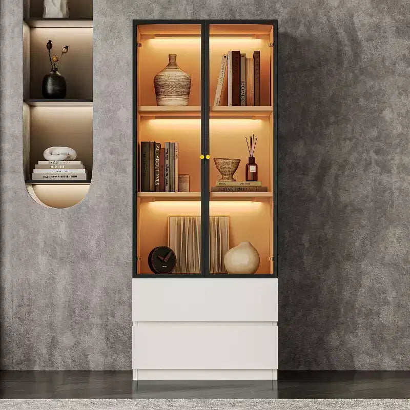 Vetrina espositiva in vetro illuminata grigia/bianca, stile moderno