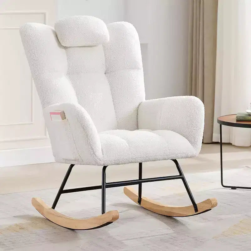 Nursery Teddy Rocking Chair, Soft Upholstered Glider Rocker for Adults, Space-Saving Nursing Chair for Living Room, Bedroom, and Classroom Use
