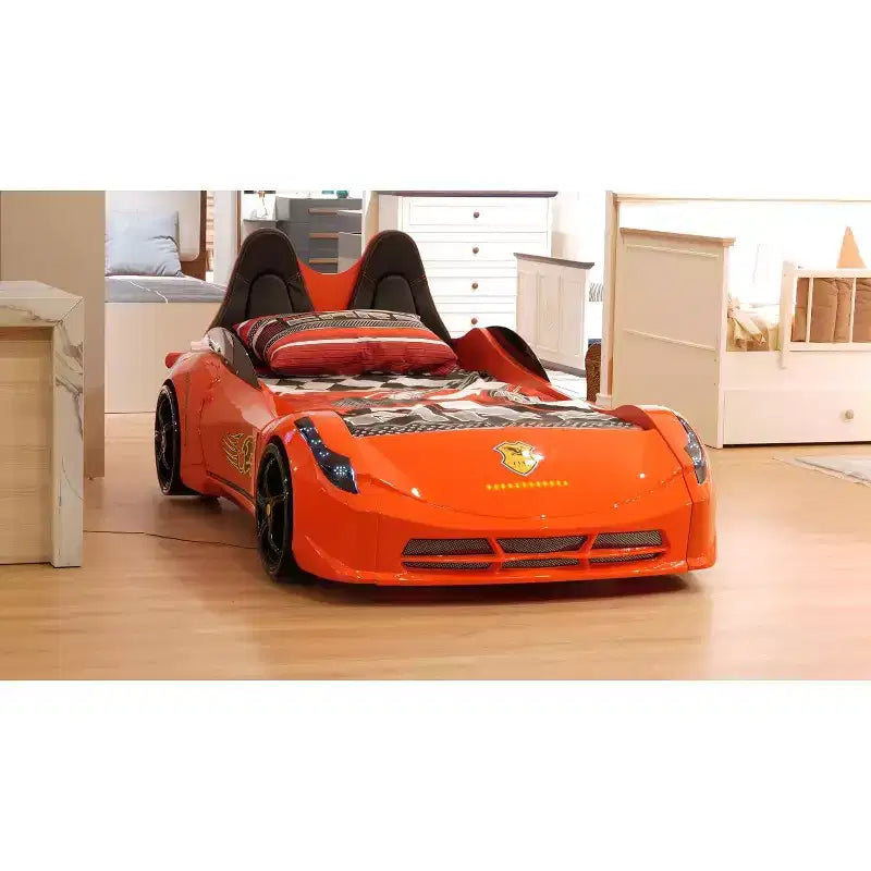 Letto a forma di auto da corsa singolo grigio/rosso/bianco, senza testata, plastica ABS, per 1 bambino