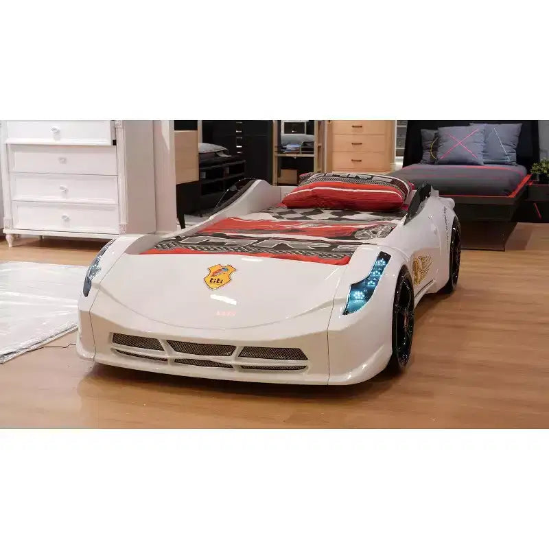 Letto a forma di auto da corsa singolo grigio/rosso/bianco, senza testata, plastica ABS, per 1 bambino