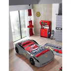 Letto a forma di auto da corsa singolo grigio/rosso/bianco, senza testata, plastica ABS, per 1 bambino
