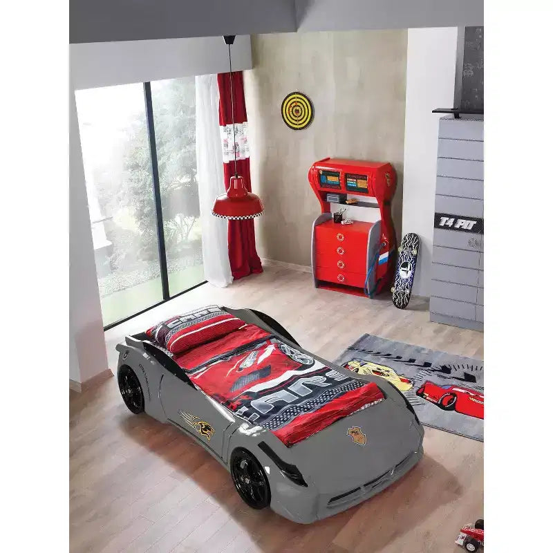 Letto a forma di auto da corsa singolo grigio/rosso/bianco, senza testata, plastica ABS, per 1 bambino
