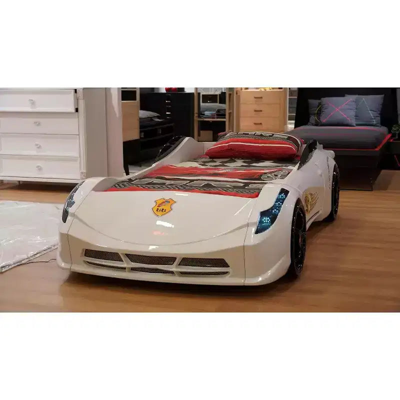 Letto a forma di auto da corsa singolo grigio/rosso/bianco, senza testata, plastica ABS, per 1 bambino