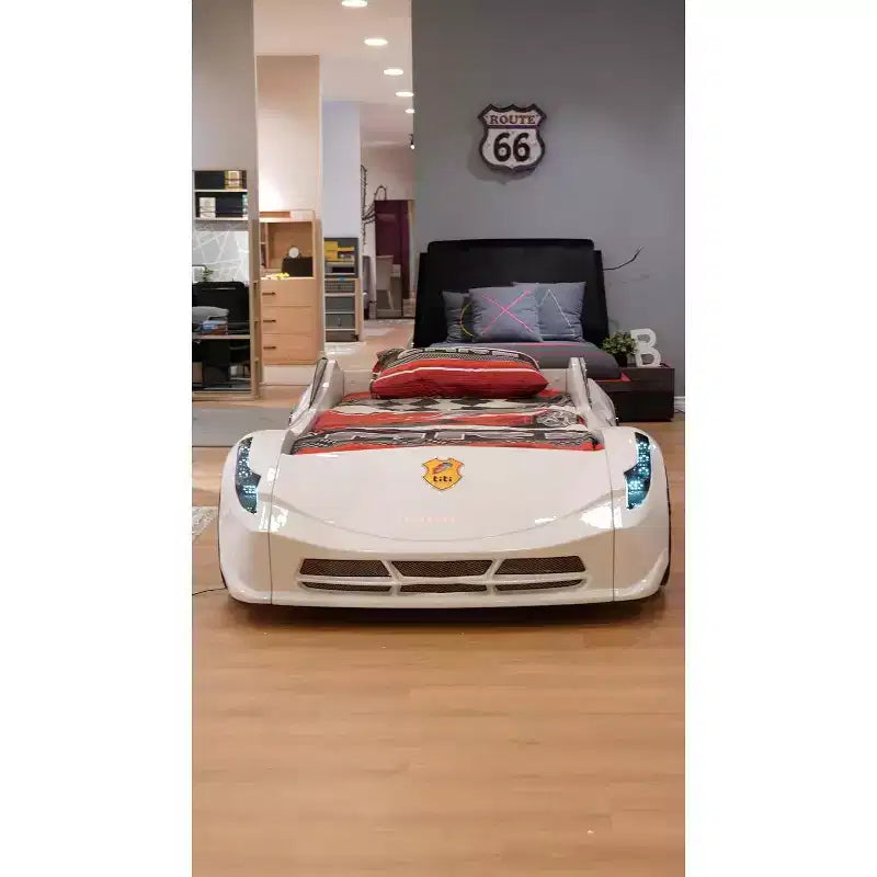 Letto a forma di auto da corsa singolo grigio/rosso/bianco, senza testata, plastica ABS, per 1 bambino