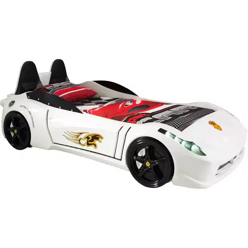 Letto a forma di auto da corsa singolo grigio/rosso/bianco, senza testata, plastica ABS, per 1 bambino