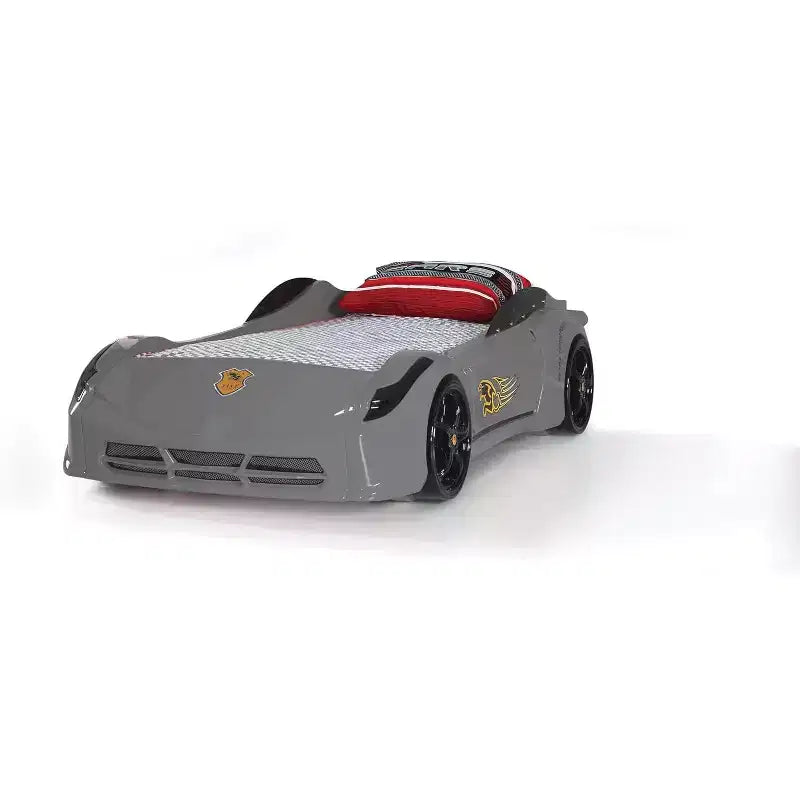Letto a forma di auto da corsa singolo grigio/rosso/bianco, senza testata, plastica ABS, per 1 bambino