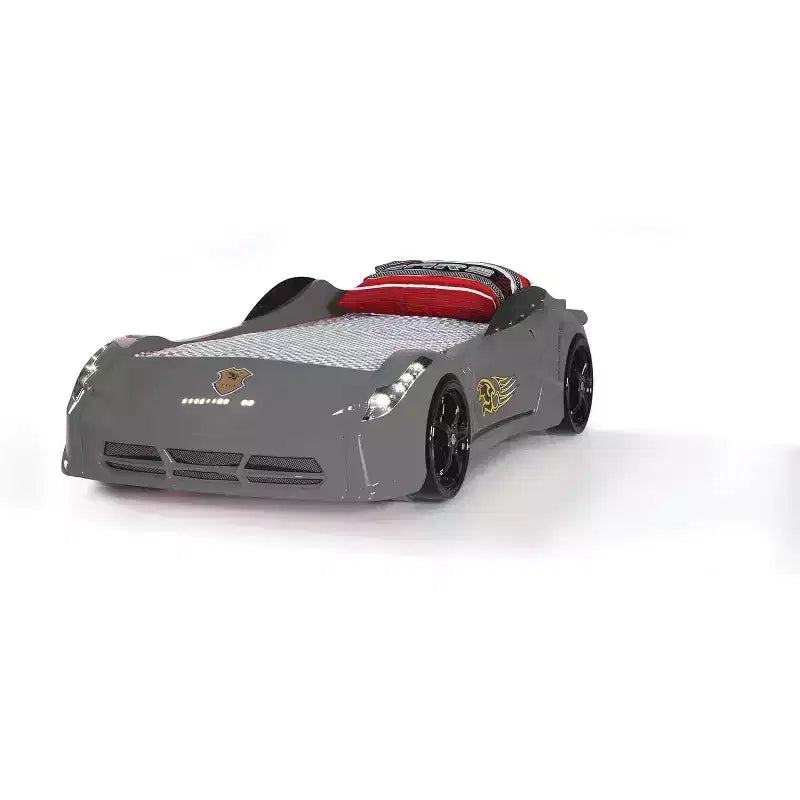Letto a forma di auto da corsa singolo grigio/rosso/bianco, senza testata, plastica ABS, per 1 bambino
