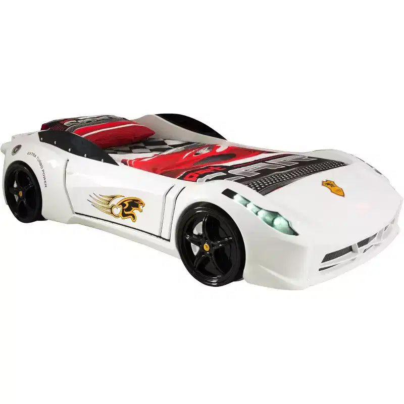 Letto a forma di auto da corsa singolo grigio/rosso/bianco, senza testata, plastica ABS, per 1 bambino