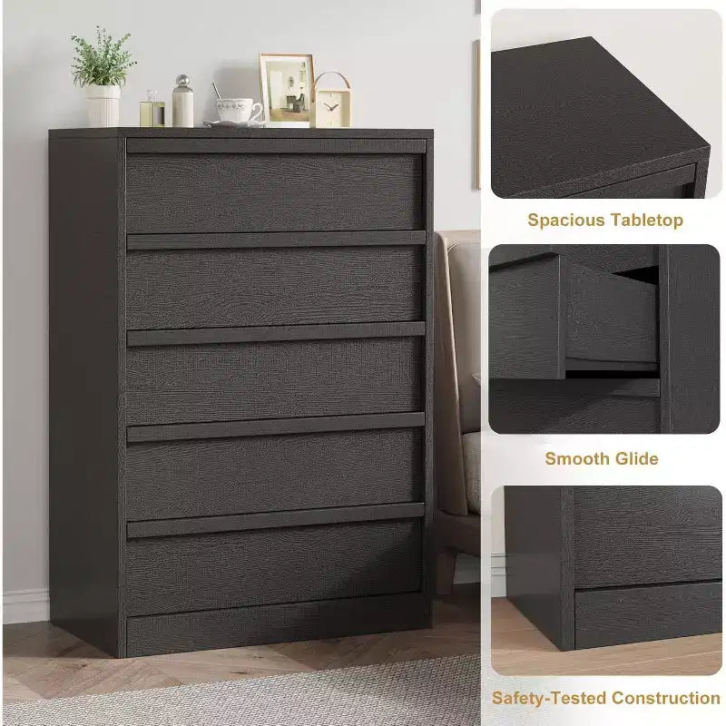 Cassettiera a 5 cassetti in legno marrone, cassettiera portaoggetti per camera da letto e soggiorno per 1 persona