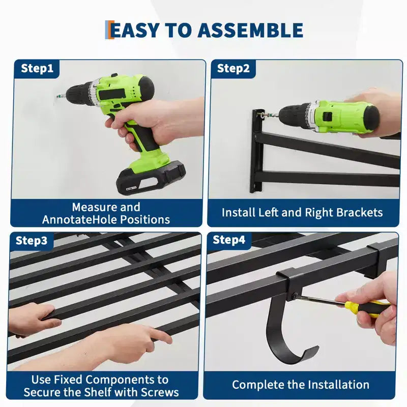 Mensole in Acciaio Nero da Parete con 8 Ganci, Confezione da 2 (2×4 ft, Montaggio per 2 Persone)