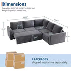 Divano sezionale a L in ciniglia beige/grigio con letto estraibile, 4 posti a sedere