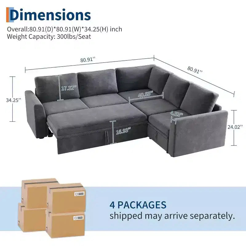 Divano sezionale a L in ciniglia beige/grigio con letto estraibile, 4 posti a sedere