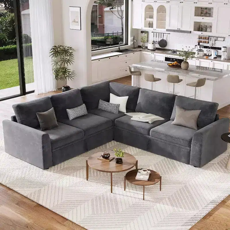 Divano sezionale a L in ciniglia beige/grigio con letto estraibile, 4 posti a sedere