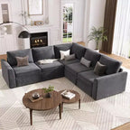 Divano sezionale a L in ciniglia beige/grigio con letto estraibile, 4 posti a sedere
