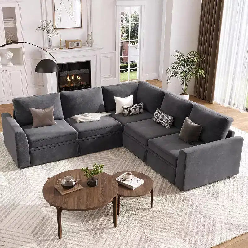 Divano sezionale a L in ciniglia beige/grigio con letto estraibile, 4 posti a sedere
