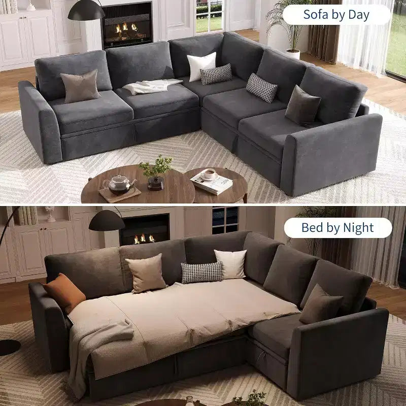 Divano sezionale a L in ciniglia beige/grigio con letto estraibile, 4 posti a sedere