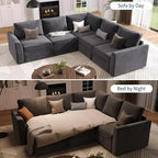 Divano sezionale a L in ciniglia beige/grigio con letto estraibile, 4 posti a sedere