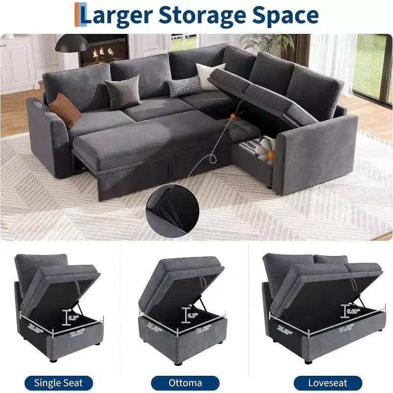 Divano sezionale a L in ciniglia beige/grigio con letto estraibile, 4 posti a sedere