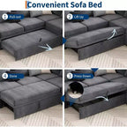 Divano sezionale a L in ciniglia beige/grigio con letto estraibile, 4 posti a sedere
