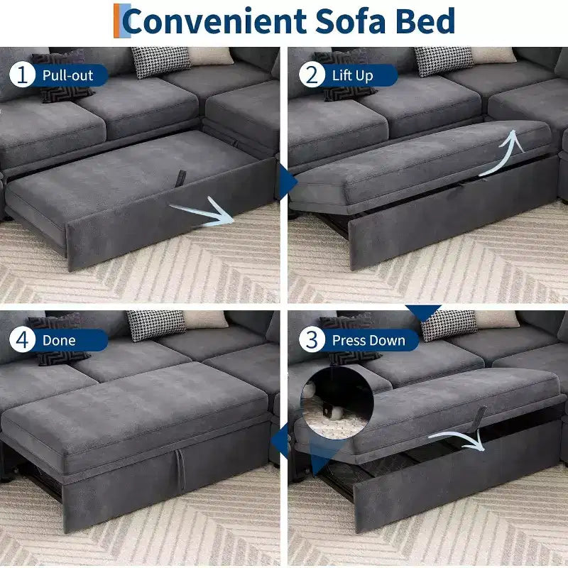 Divano sezionale a L in ciniglia beige/grigio con letto estraibile, 4 posti a sedere